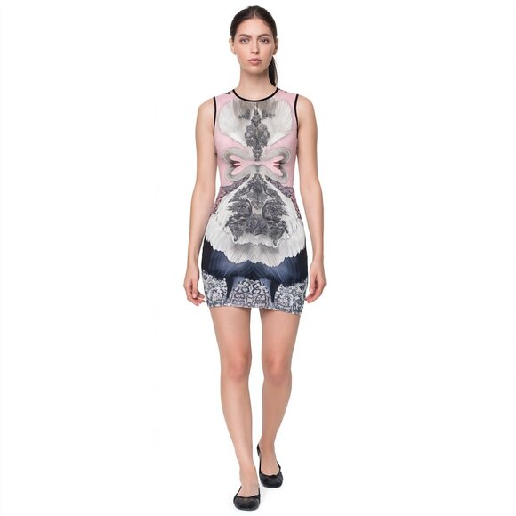 Clover Canyon swan print black pink pencil dress size M - Picture 1 of 5